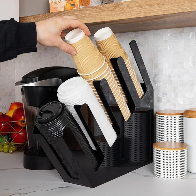 Mind Reader Cup and Lid Dispenser, Countertop Organizer, Coffee Bar, Beverage, Kitchen, Breakroom, 4"L x 18"W x 16"H, Black
