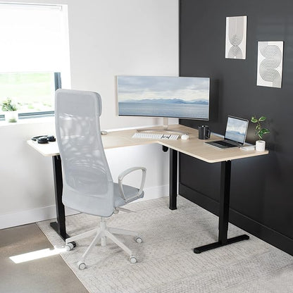 VIVO Electric Corner 63 x 55 inch L-Shaped Standing Desk, Memory Height Adjustment, Light Wood Top Black Frame, DESK-E3CTBC