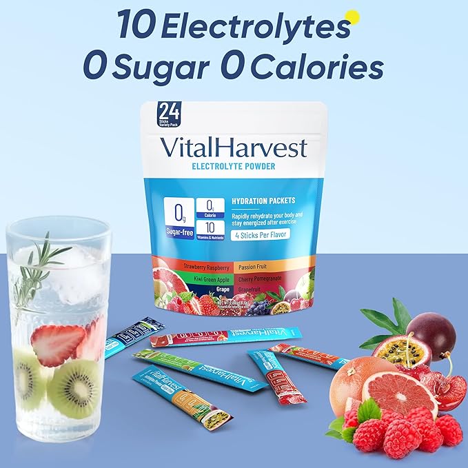 24 Sticks Electrolytes Powder Packets No Sugar Hydration Packets Electrolyte Liquid Daily IV Drink Mix with Strawberry Raspberry, Passion Fruit, Kiwi Green Apple, Cherry Pomegranate, Grape, Grapefruit