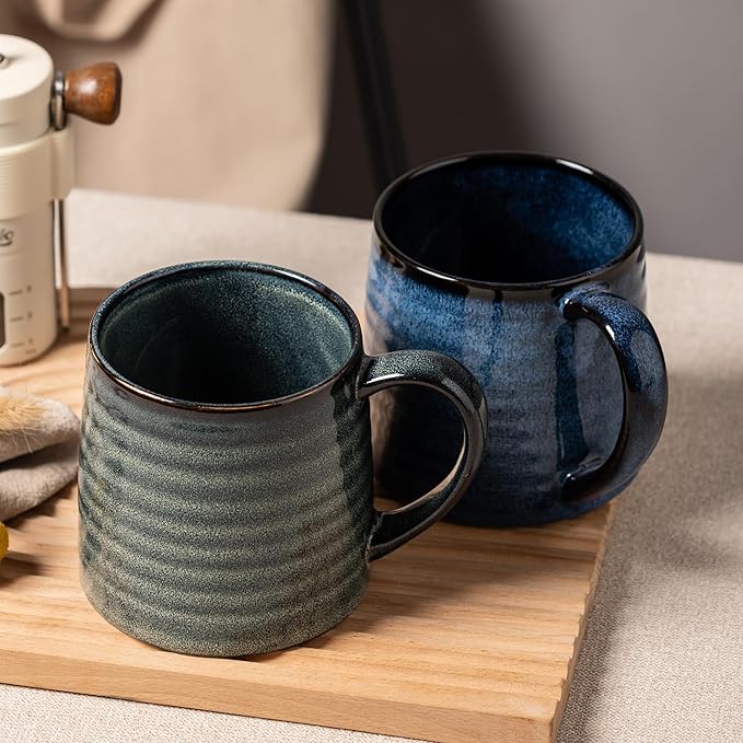 Ceramic Coffee mugs, 21 oz, Extra Large Mugs, Big Tea Cup, Large Handle, Pottery Mug, Big Belly, Transmutation Glaze，Wide Bottom, stripe pattern, Microwave & Dishwasher Safe. (Dark Green)