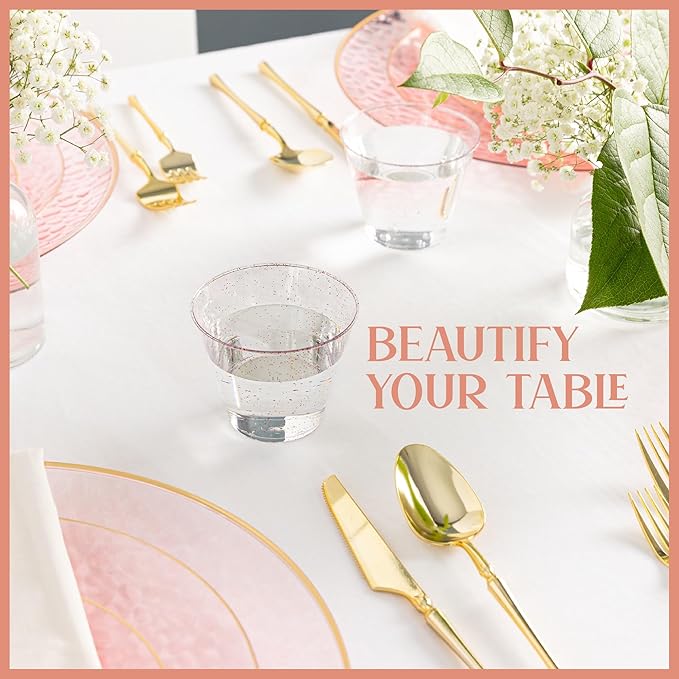 PLASTICPRO 9 oz Disposable Plastic Party Cups,Old fashioned Designed Tumblers, Rose Gold Glitter 200 Count,
