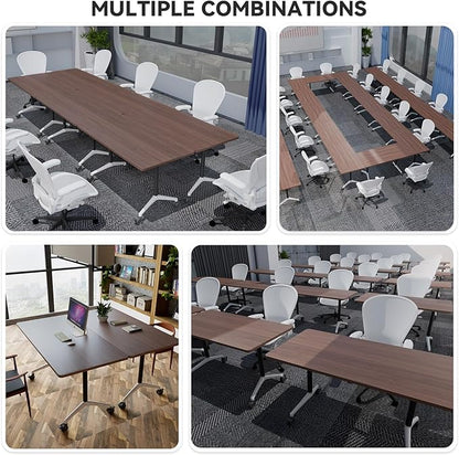 Conference Table, Folding Conference Room Tables, Modern Flip Top Seminar Training Meeting Table with Wheels, Modular Foldable Conference Tables for Home Office Classr (Brown 10 Pack 55.1inch)