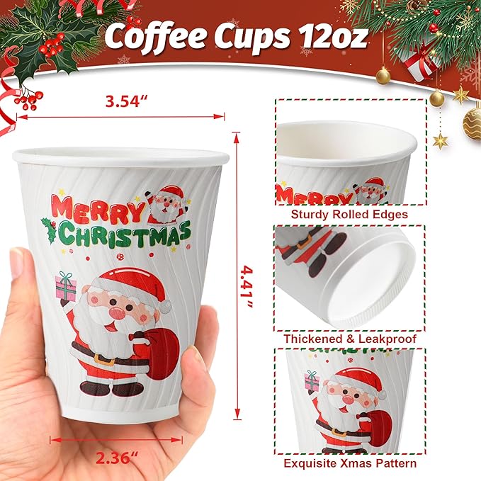 90 Pack Christmas Coffee Cups 12 oz No Lids, Disposable Insulated Paper Coffee Cups, Corrugated Ripple Wall Design Paper Cup, Hot Cold Drinking Cup for Party, Home, Events