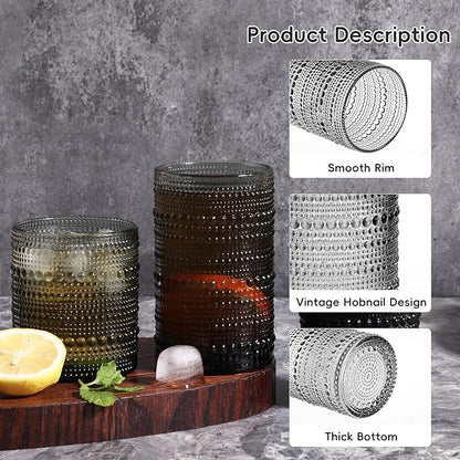 Moretoes Hobnail Drinking Glasses Set of 6, 12 Oz Highball Glasses & 10 Oz Cocktail Glasses, Clear Embossed Boho Glass Cups Kitchen Bar Tumbler Glassware Set for Whiskey, Beer, Juice, Milk (Gray)