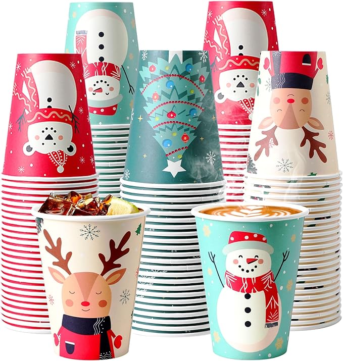100 Pack 12 oz Christmas Coffee Cups, Holiday Disposable Paper Cups with 4 Xmas Designs for Hot Cocoa, Hot Chocolate, Cold Beverage