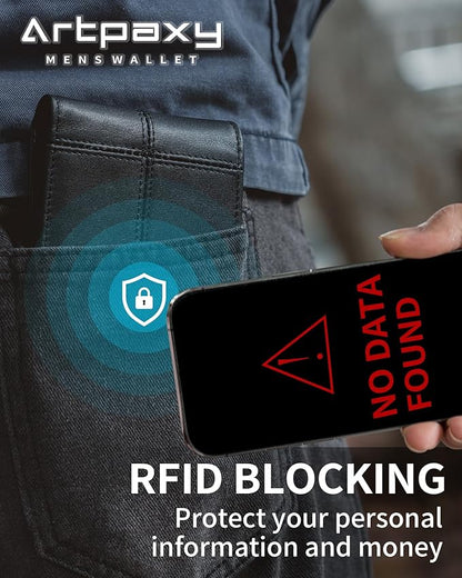 Mens Wallet Bifold Genuine Leather RFID Blocking Wallet for Men with 2 ID Windows 12 Card Holders 2 cash pockets 1 Gift Box