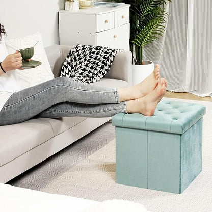 B FSOBEIIALEO Storage Ottoman Cube Velvet Tufted Folding Ottomans Footstool Rest Seat with Removable Lid (Teal, Medium)