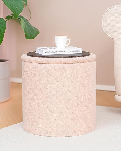 B FSOBEIIALEO Ottoman with Stroage, Boucle Round Storage Ottoman with Tray,Foot Rest Stool for Dorm Room, Living Room Pink, 16.93"x16.93"x17.72"