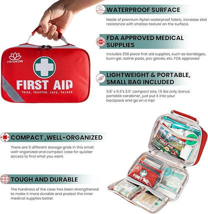 258-Piece 2-in-1 Emergency First Aid Kit for Home, Car, Camping & Hiking – Waterproof Portable Survival Medical Kit with Mini 1st Aid Pouch – Trauma, Travel, Disaster Preparedness Supplies
