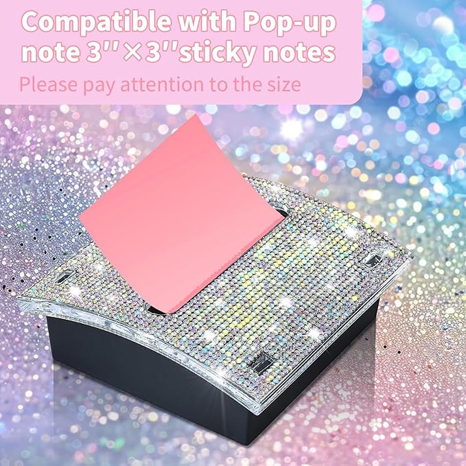 Rhinestone Self Sticky Note Holder Post it Note Dispenser Pop-Up Sticky Notes Dispenser 4 x 4 Inches Post it Dispenser for Desk Office Stationery (AB Bling)