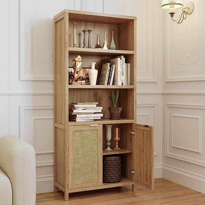 Bookshelf, 71" Tall Bookcase with Doors, 5 Tier Wooden Bookshelf Open Shelf Bookcase, Modern Farmhouse Bookshelves for Office,Library, Living Room