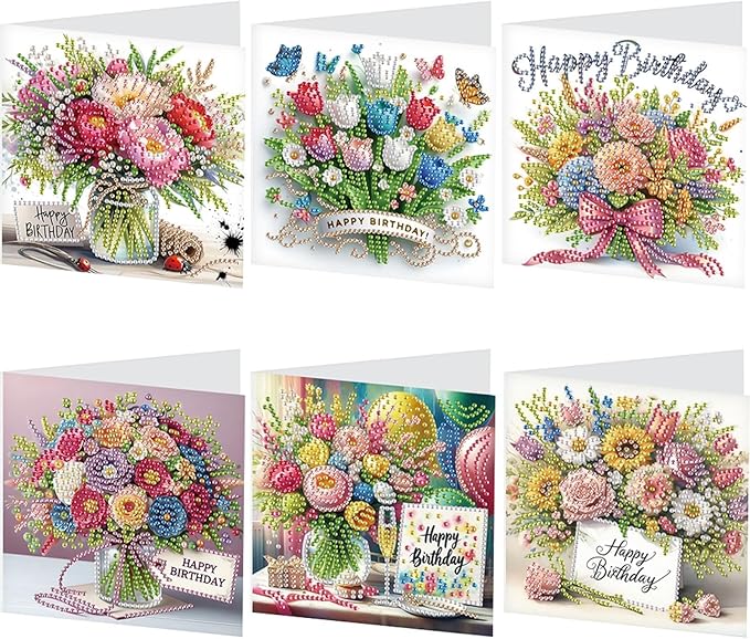 6PCS Diamond Art Painting Greeting Card Set, Bouquet Pattern DIY Cards with Envelopes for Xmas Birthdays Special Occasion Blessing