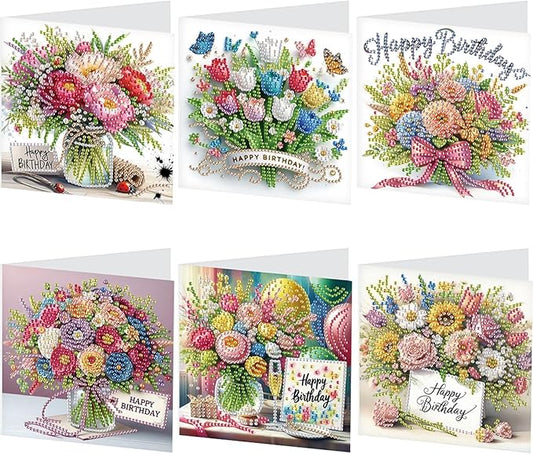 6PCS Diamond Art Painting Greeting Card Set, Bouquet Pattern DIY Cards with Envelopes for Xmas Birthdays Special Occasion Blessing