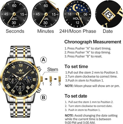 OLEVS Mens Stainless Steel Chronograph Watch, Big Face Roman Numerals Date Analog Quartz Dress Watches for Men, Fashion Multifunctional Waterproof Luminous Hands Men's Wristwatch
