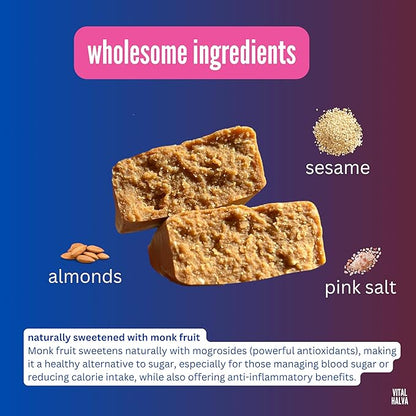 Vital Halva Vegan Protein Fiber Bar, Pink Salt, Gluten Free, Dairy Free, Soy Free, Low Sugar, No Added Sugar, 12G Protein, 19G Fiber, 6G Carb, Snack Bar, 10ct