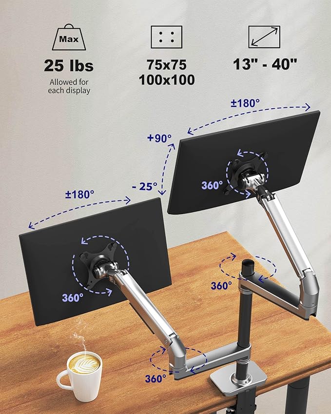 Dual Monitor Mount, Holds Screens up to 40 Inches and 25 lbs, Fully Adjustable Dual Monitor Arm with C-Clamp and Grommet Base, Aluminum, Silver