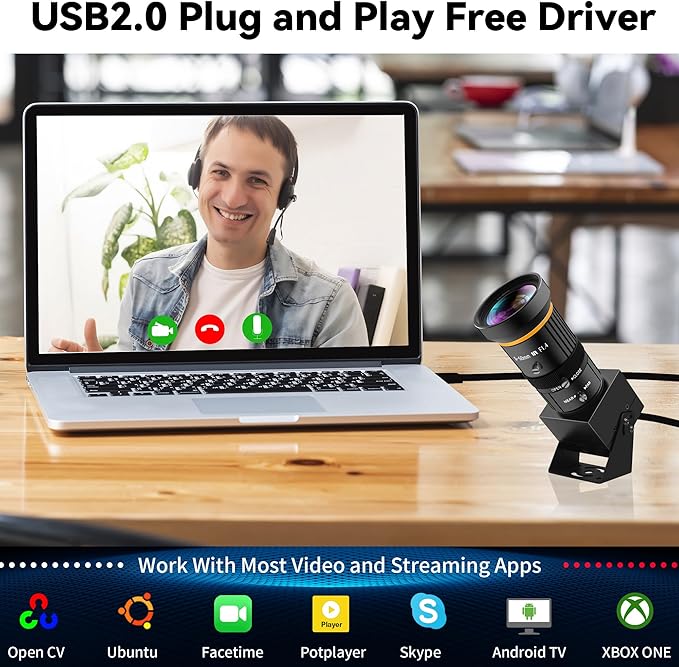 USB Webcam 5MP Color Industrial USB Camera with CS-Mount 5-50mm 10X Manual Zoom Lens – 1944P@30fps, Plug-and-Play for PC, Live Streaming, Video Conferencing & Projects