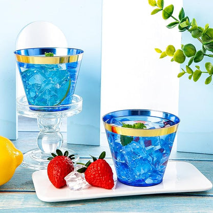 Nervure 240 PCS Blue Plastic Cups - 9Oz Gold Rimmed Plastic Cups - Heavy Duty Disposable Blue Cup with Gold Rim Perfect for Weddings, Receptions & Parties