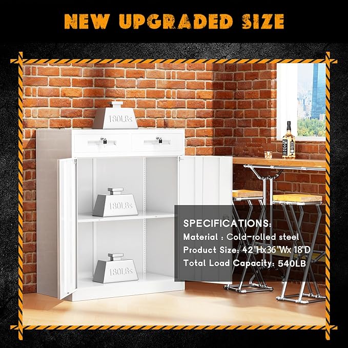 Greenvelly Metal Storage Cabinet, 42' White Steel Garage Cabinet with 2 Doors, Adjustable Shelves, Locking for Office, School or Tool Organization