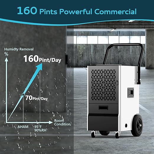 EUHOMY 160 Pints Commercial Dehumidifier, Large Dehumidifier With Drain Hose, Timer and 4 Wheels,Industrial Dehumidifiers for Flood Repair, Drying Basement, Warehouse and Factory