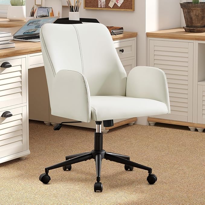 Furniliving Home Office Desk Chair, Ergonomic Leather Office Chair with Wheels, Comfortable Rolling Task Chair Adjustable Height, White