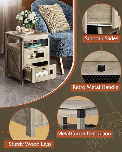 WLIVE Nightstand with Charging Station, Farmhouse End Table, Bed Side Table with 2 Storage Drawers and Open Shelf, Wood Rustic Nightstands for Bedroom, Living Room, Greige