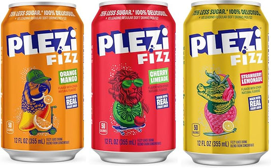 PLEZi FiZZ Sparkling Juice Drink Variety Pack – Orange Mango, Cherry Limeade & Strawberry Lemonade – No Added Sugar, Low Sugar Soda Alternative with Real Fruit Juice & Fiber – 12 Fl Oz (36 Pack Total)