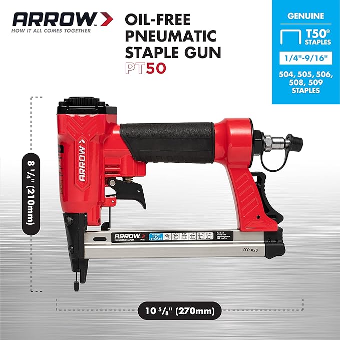 Arrow PT50 Oil-Free Pneumatic Staple Gun, Professional Heavy-Duty Stapler for Wood, Upholstery, Carpet, Wire Fencing, Fits 1/4”, 5/16”, 3/8", 1/2", 9/16” Staples, Red (Pack of 3)