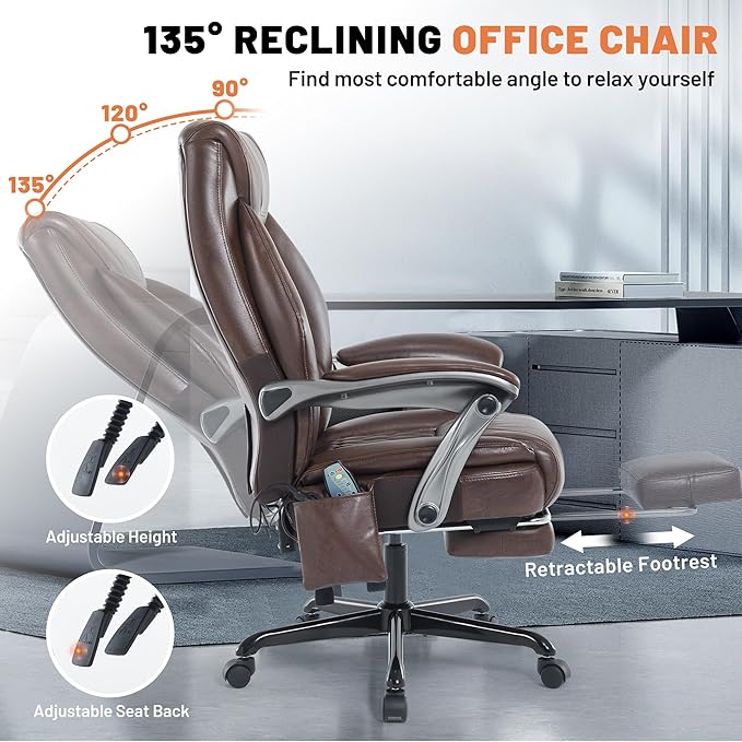 Massage Office Chair with Heating Function & Footrest, 6-Point Vibration, Ergonomic Executive Reclining Desk Chair with Padded Seat for Relaxation, Comfort & Stress Relief
