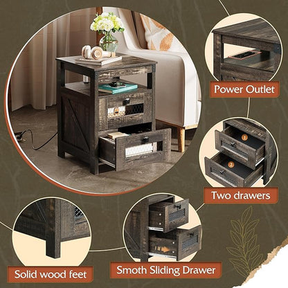 WLIVE Night Stand with Charger Station, End Tables Bedroom, Living Room, Bed Side Table with 2 Wooden Storage Drawers, Farmhouse Nightstand with USB Ports and Outlets, Dark Rustic Oak