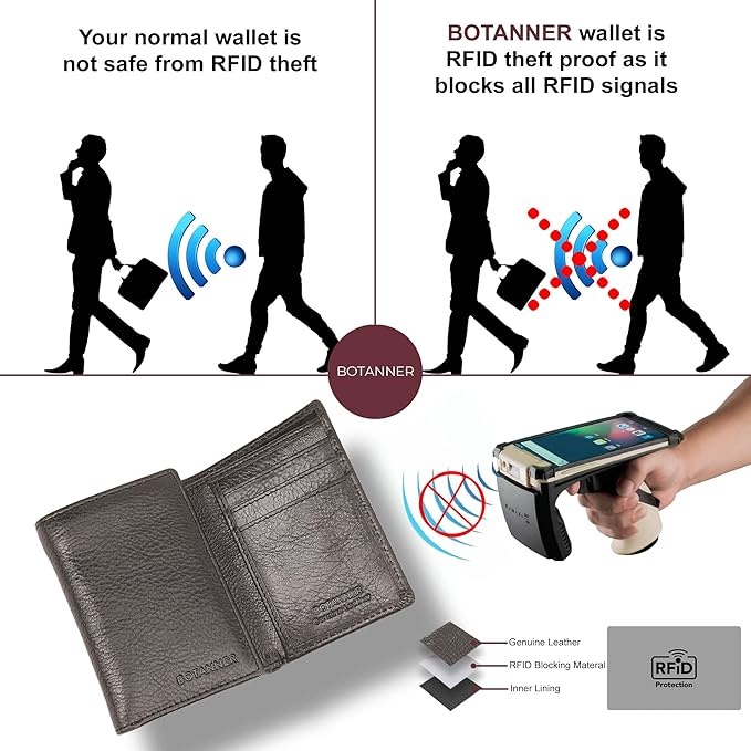Genuine Leather Mens Trifold Wallet RFID Blocking 8 Credit Card Slots Section for Bills 3 Hidden Pockets | Black