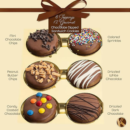 KREMERY Creamy Chocolate Cravings - Halloween Treats For Adults Chocolate Covered Sandwich Cookies & Cream Gift Basket, in Sectional Gift Box (12 Cookies, Assorted Sweet Toppings) Holiday Christmas