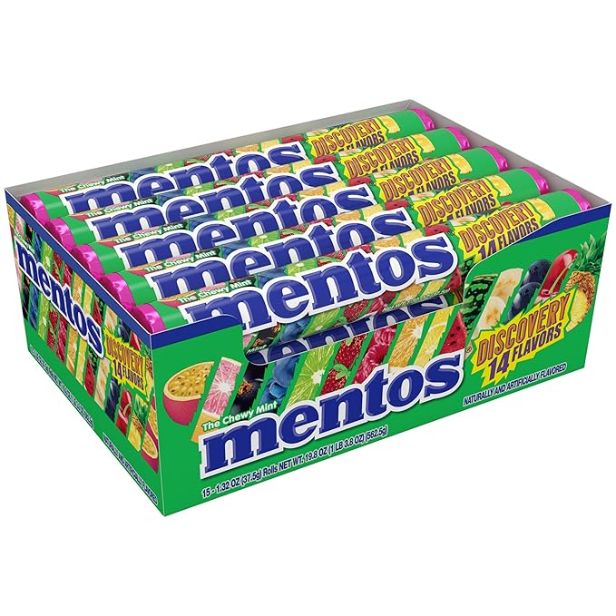 Mentos Chewy Mint Candy Roll, Holiday Candy for Christmas Stocking Stuffers for Adults & Kids Discovery, 14 Assorted Fruit Flavors, 14 Pieces Per Roll, 15 Count Showbox