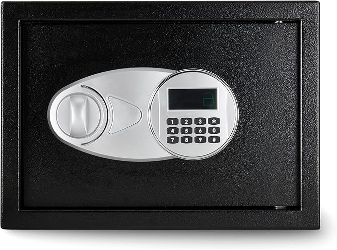 Amazon Basics Steel Security Safe and Lock Box with Electronic Keypad, for Cash, Jewelry, Documents, Black, 0.5 Cubic Feet, 13.8" W x 9.8" D x 9.8" H