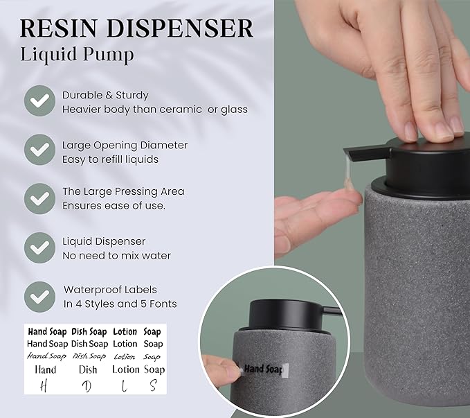 Resin Hand Soap Dispenser with Easy-to-Press Pump, Refillable Liquid Soap Dispenser with Sandstone Like Finish, Waterproof Bottle Labels for Bathroom Kitchen Dish Lotion (Gray, 10 oz)