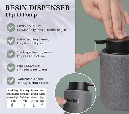 Resin Hand Soap Dispenser with Easy-to-Press Pump, Refillable Liquid Soap Dispenser with Sandstone Like Finish, Waterproof Bottle Labels for Bathroom Kitchen Dish Lotion (Gray, 10 oz)
