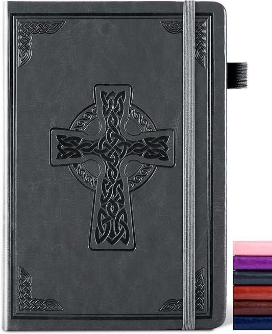 CAGIE Leather Lined Journal Notebook for Men & Women, Debossed Cross, 320 Pages 100 GSM Thick Paper, A5 Hardcover Journaling Notebooks for Writing, 5.7'' X 8.3'' Diary, Grey