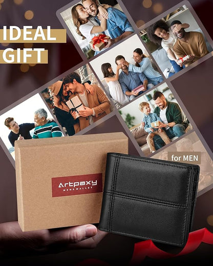 Mens Wallet Bifold Genuine Leather RFID Blocking Wallet for Men with 2 ID Windows 12 Card Holders 2 cash pockets 1 Gift Box