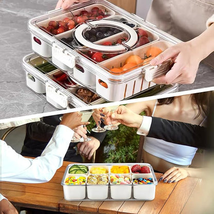 Snackle Box Container,2 Pack Divided Clear Snack Box Serving Tray with Lid and Handle,Charcuterie Board with Lid, Snack Organizer for Beach Picnic, Refrigerator Fresh, Party, Holidays and Travel