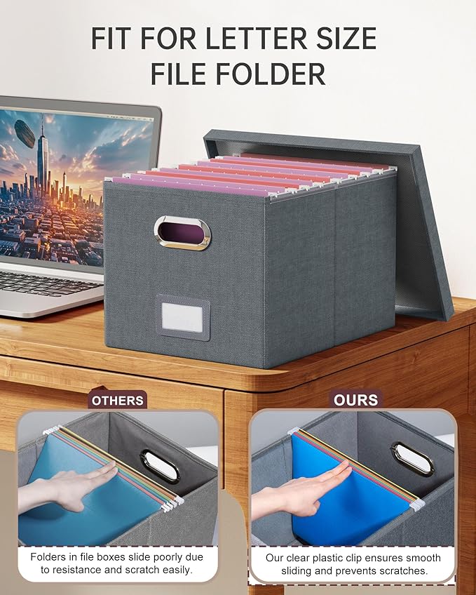 4 Pack File Storage Organizer, Document Organizer, Portable File Box with Lid, Fit for Letter/Legal File Folder Storage,Dark Gray-Box only