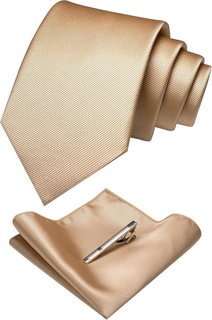JEMYGINS Solid Color Formal Necktie and Pocket Square Tie Clip Sets for Men