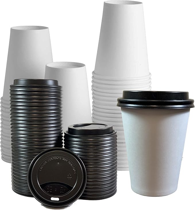 400 sets Disposable White Paper Cups with Black Lids Coffee Cups with Lids (12oz)