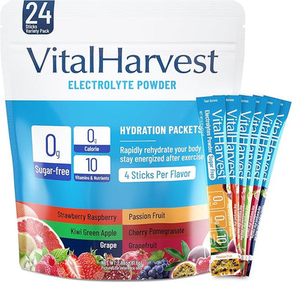 24 Sticks Electrolytes Powder Packets No Sugar Hydration Packets Electrolyte Liquid Daily IV Drink Mix with Strawberry Raspberry, Passion Fruit, Kiwi Green Apple, Cherry Pomegranate, Grape, Grapefruit