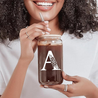 Personalized Gifts for Women, Monogrammed Glass Cups with Lids and Straws, Custom Tumbler, Cute Customized Mug, Aesthetic Stuff, Initial Iced Coffee Cup, Drinking Glasses, Birthday Teacher Gifts, C