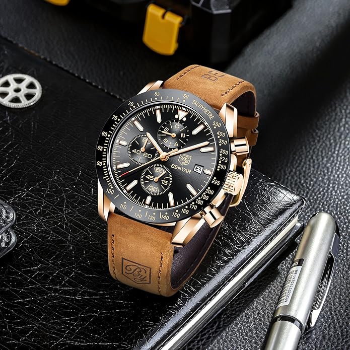 BY BENYAR Watch for Men Analog Quartz Chronograph Waterproof Luminous Designer Mens Wrist Watches Business Work Sport Casual Dress Watch with Silicone Strap Elegant Gifts for Men