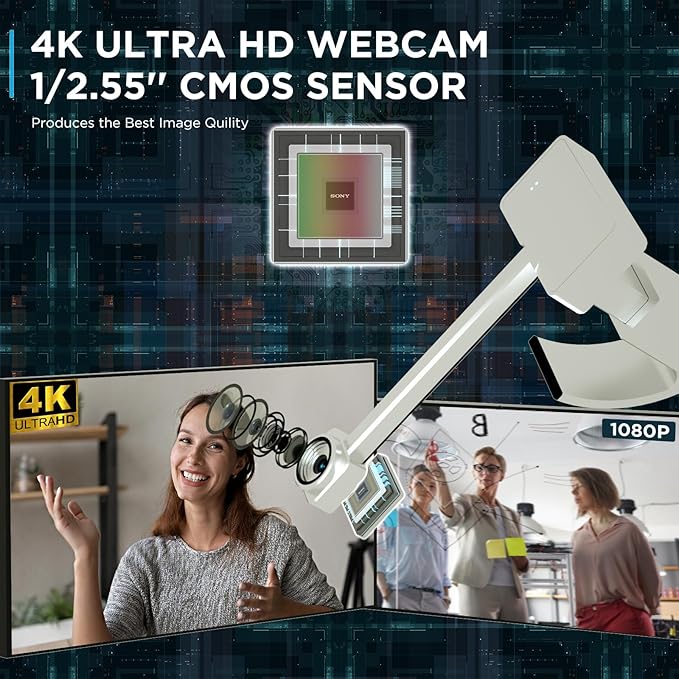 4K Webcam for PC with Remote Control, Ultra HD 1/2.55'' Sensor, Autofocus, 10x Digital Zoom, Low Light Performance, Streaming Webcam for PC/Video Calling/Zoom/Skype/Teams (White)