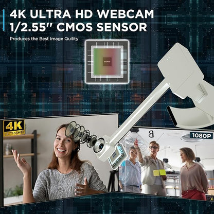 4K Webcam for PC with Remote Control, Ultra HD 1/2.55'' Sensor, Autofocus, 10x Digital Zoom, Low Light Performance, Streaming Webcam for PC/Video Calling/Zoom/Skype/Teams (White)