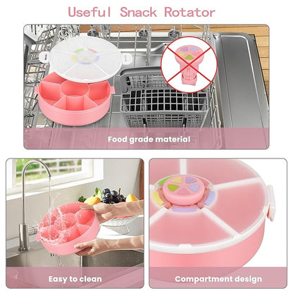 Snack Rotator Container Reusable Snack Box with 5 Compartment Dispenser and Lid, Color Matching Opening Lid, BPA and PVC Free, for Home, School, Travel (2 Pack- Pink)