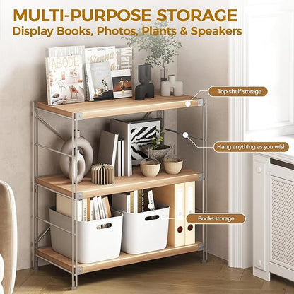3-Tier Industrial Bookshelf, Modern Metal & Wood Storage Shelf, Compact Display Rack for Home, Office, Living Room & Bedroom, Sturdy Open Shelves for Books, Decor & More