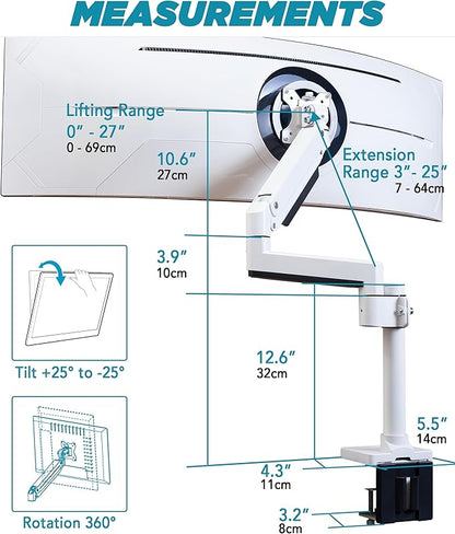 Heavy Duty Monitor Arm for Ultrawide Monitors up to 57" and 44 lbs, Single Desk Stand, Pneumatic Height Adjustable, Modular Extension Arms - Max VESA 100x100, White, MA20PW-S